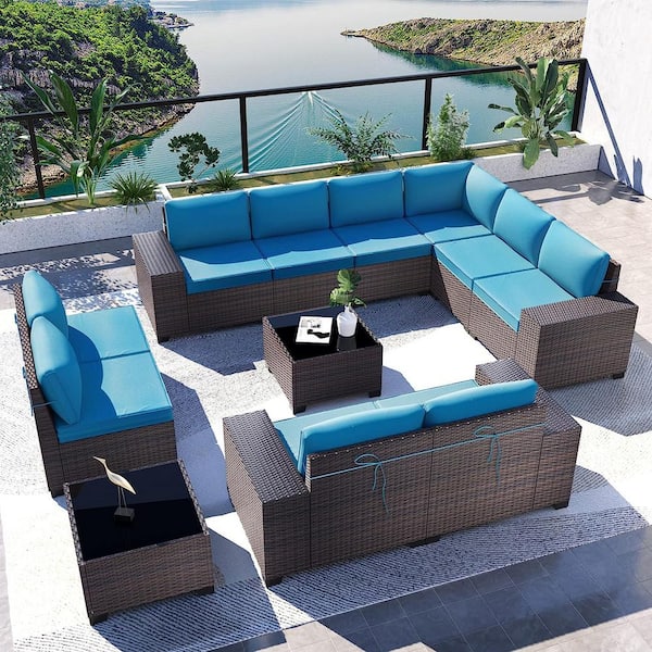 Halmuz 12-Piece Brown Wicker Outdoor Sectional Set with Glass Coffee Table and Blue Cushions, Patio Chat