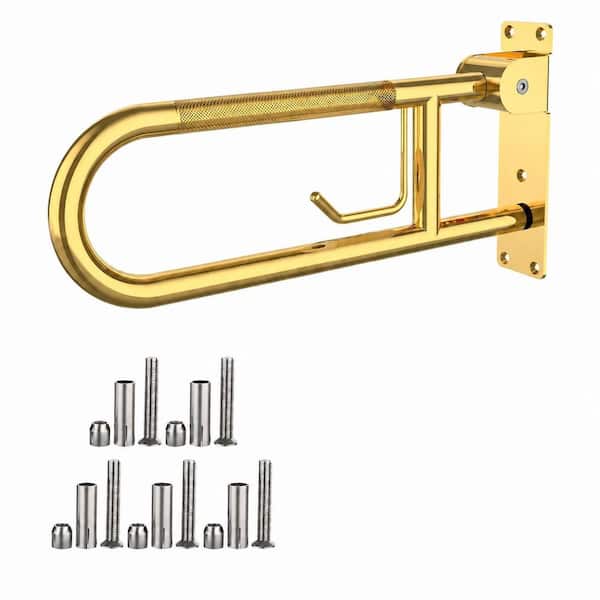 24 in. Gold Flip-Up Toilet Grab Bar with Paper Holder, Stainless Steel Anti-Slip Support Handrail for Seniors