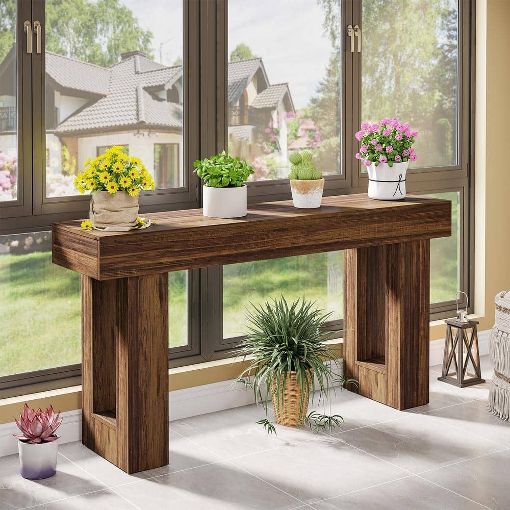 63-Inch Rustic Brown Wooden Console Table with Storage