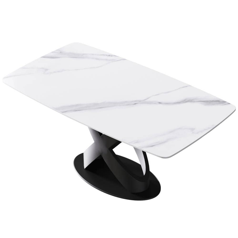 63 in. Arc Edge White Rectangle Tabletop Sintered Stone Dining Table with Black Pedestal Legs -  Magic Home, CS-W504S00003