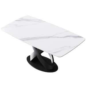 63 in. Arc Edge White Rectangle Tabletop Sintered Stone Dining Table with Black Pedestal Legs