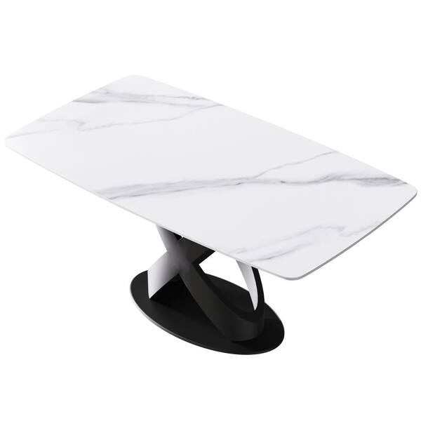 Magic Home 63 in. Arc Edge White Rectangle Tabletop Sintered Stone Dining Table with Black Pedestal Legs