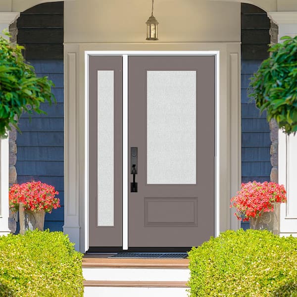 Legacy 53 in. x 80 in. 3/4 Lite Rain Glass RHIS Primed Kindling Finish Fiberglass Prehung Front Door with 14 in. SL