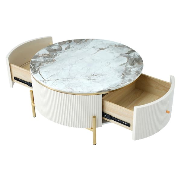 Clihome 32 in. White Round Modern Wood Top Coffee Table with 2 largeDrawers Storage Accent Table