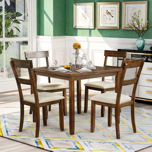 Eer 5 Piece Square Industrial Wooden, Walnut Dining Room Table Set