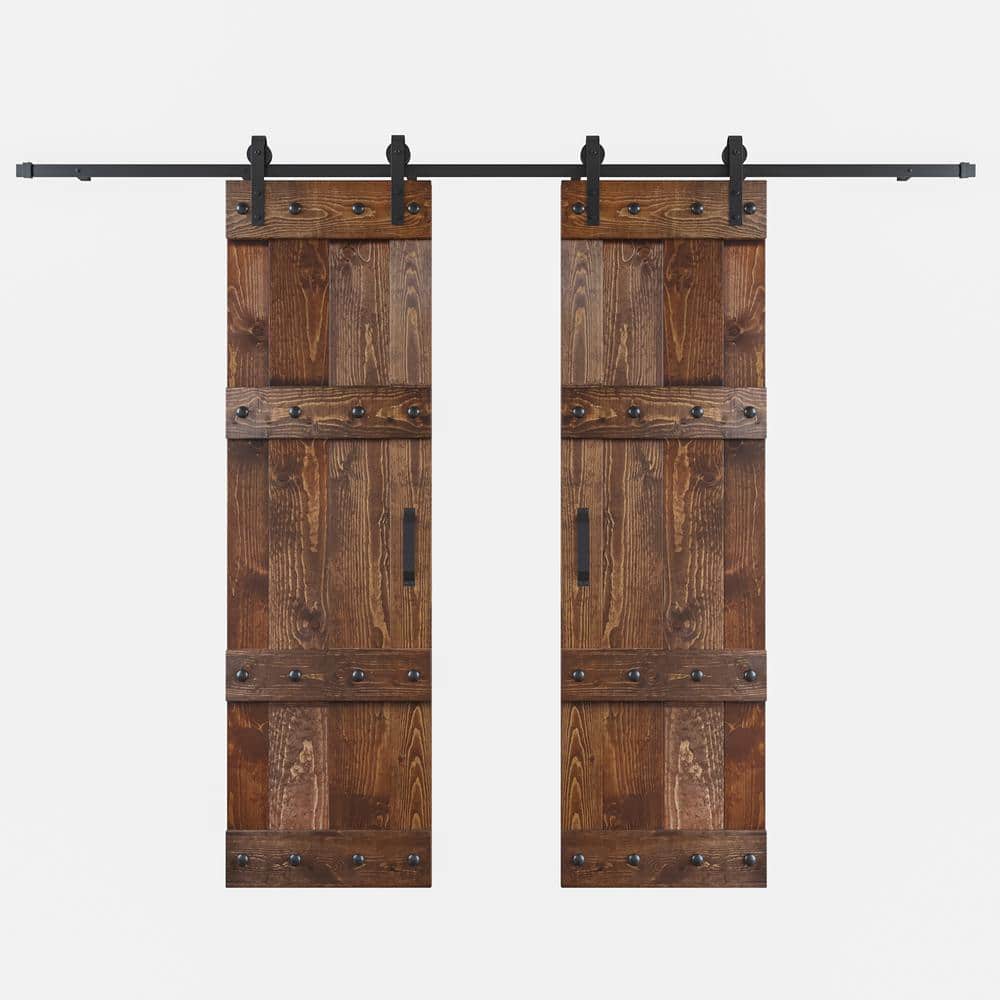Dark Walnut Pine Wood Double Sliding Barn Door with Hardware Kit