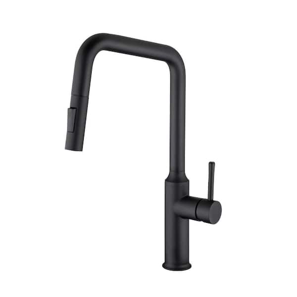 Lukvuzo Single-Handle Pull Down Nozzle Deck Mount Standard Kitchen Faucet 360-Degree High-Arc in Matte Black
