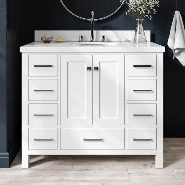 ARIEL Cambridge 43 in. W x 22 in. D x 36 in. H Vanity in White with Pure White Quartz Top