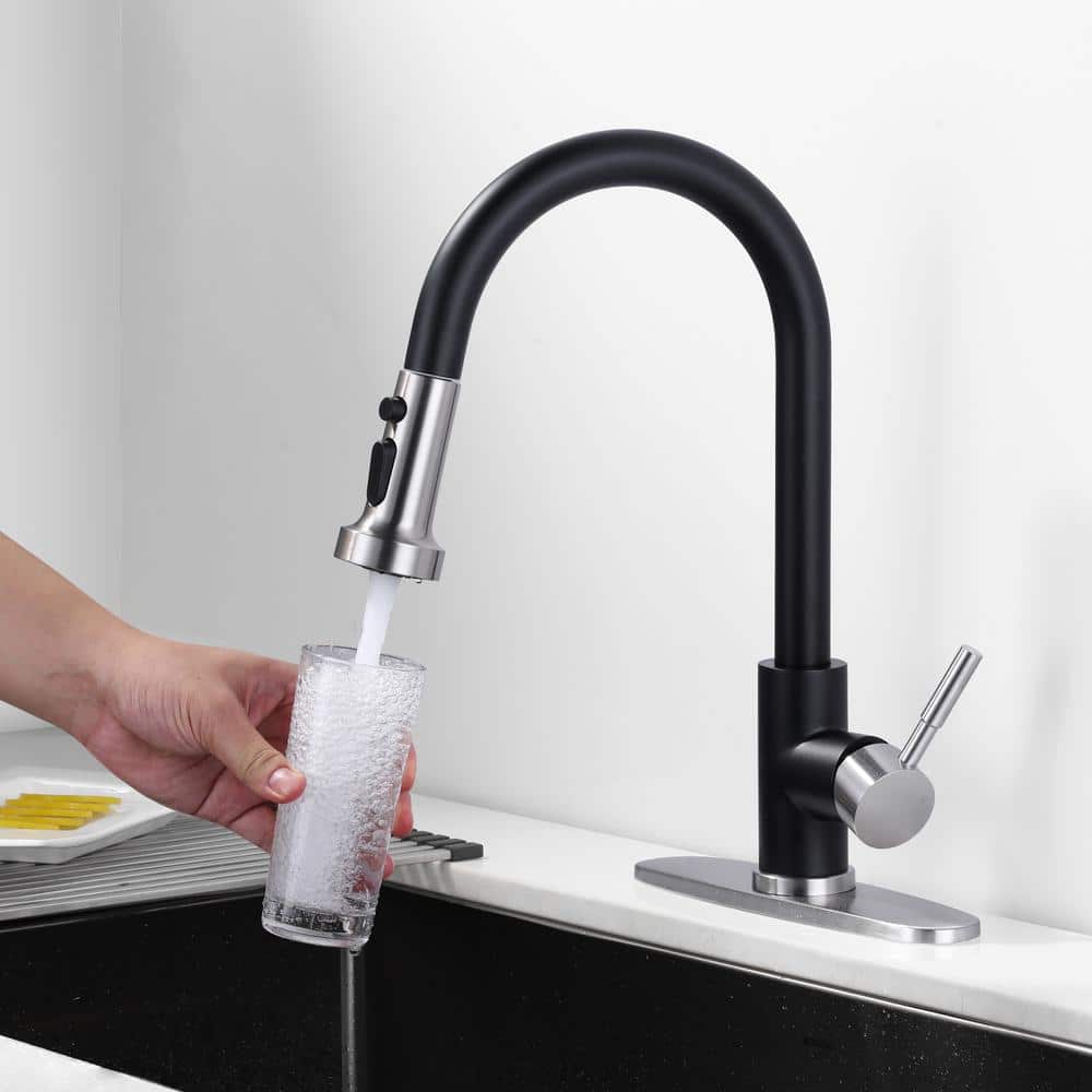 Brushed Nickel and Matte Black Pull Down Kitchen Faucet