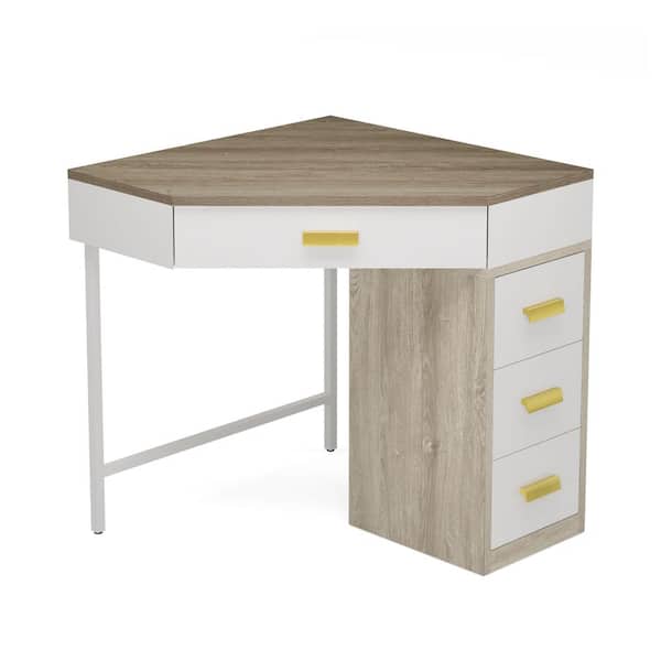 BYBLIGHT Moronia 27.26 in. Oak & White Wood Triangle Computer Desk, Corner Computer Desk, Makeup Vanity Desk with 4-Drawer