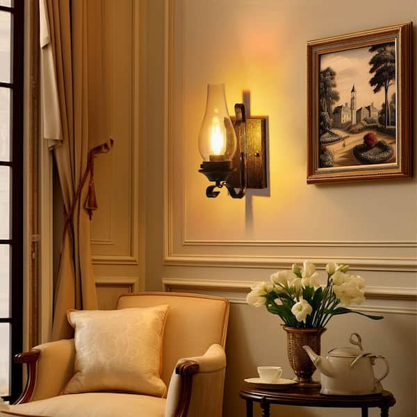(Set of 2) Rustic Bronze Farmhouse Wall Sconces, Vintage Industrial Plug-in Wall Lights with Clear Glass Shade, No Bulb