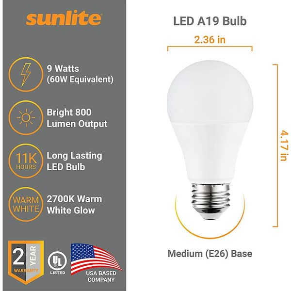 6.5W A19 LED 2700K Warm White 60W Equivalent E26 800 Lumen Light Bulb 4 Pack 