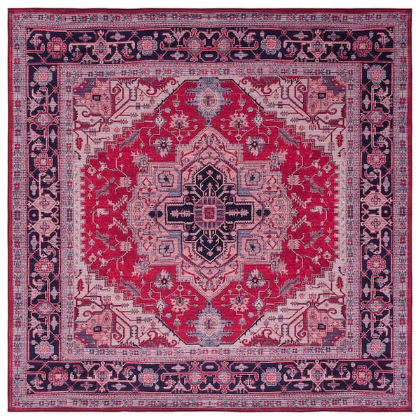 SAFAVIEH Tucson Red/Navy 6 ft. x 6 ft. Machine Washable Border Floral Medallion Square Area Rug