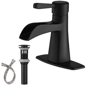 Single Handle Low Arc Single Hole Bathroom Faucet with Deckplate Included and Drain Kit Included in Matte Black