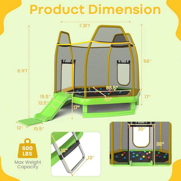 7 ft. Kids Recreational Trampoline w/Ladder & Slide Ocean Ball Indoor Outdoor ASTM Green
