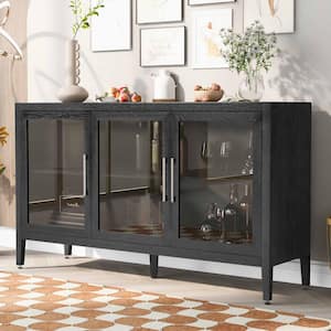 Black Wood 58.2 in. W. Sideboard with Three Tempered Glass Doors and Adjustable Shelves
