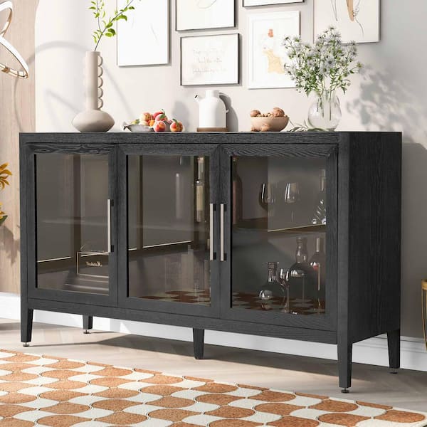 Harper & Bright Designs Black Wood 58.2 in. W. Sideboard with Three Tempered Glass Doors and Adjustable Shelves