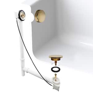27 in. Cable Drive Bath Drain Assembly with Rotary Overflow Cover, Pop-Up Stopper - White Poly, Polished Brass
