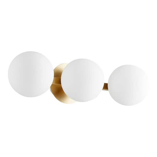 Quorum INTERNATIONAL Modern and Contemporary Globe 21.75 in. W  3-Lights Aged Brass Vanity Lights with Satin Opal Glass