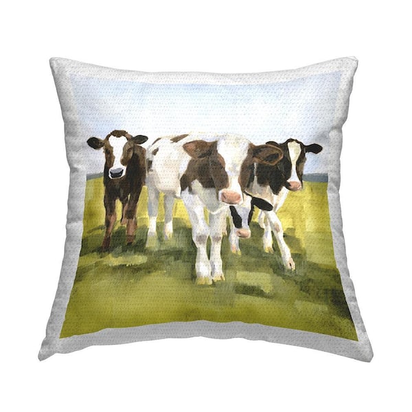 Calf Cows Country Farmland Green Square Outdoor Throw Pillow