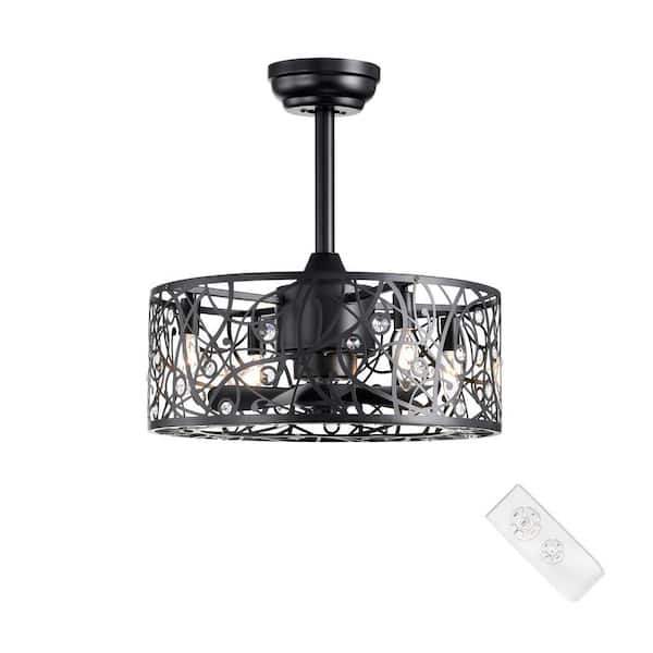 Edvivi 18 in. Glam Indoor Matte Black Drum Reversible Ceiling Fan with Crystal Light Kit and Remote Control