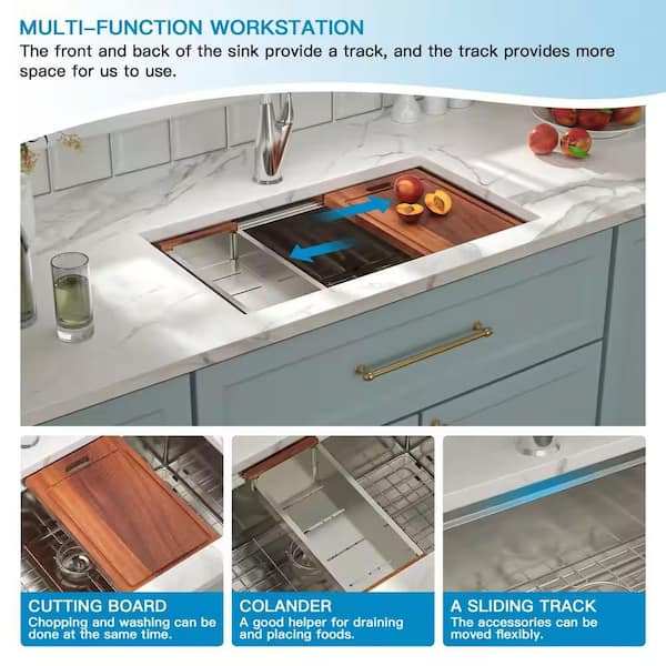 stufurhome - 27 in. x 19 in. Undermount 16 Gauge Stainless Steel Single Bowl Workstation Kitchen Sink with Cutting Board and Strainer