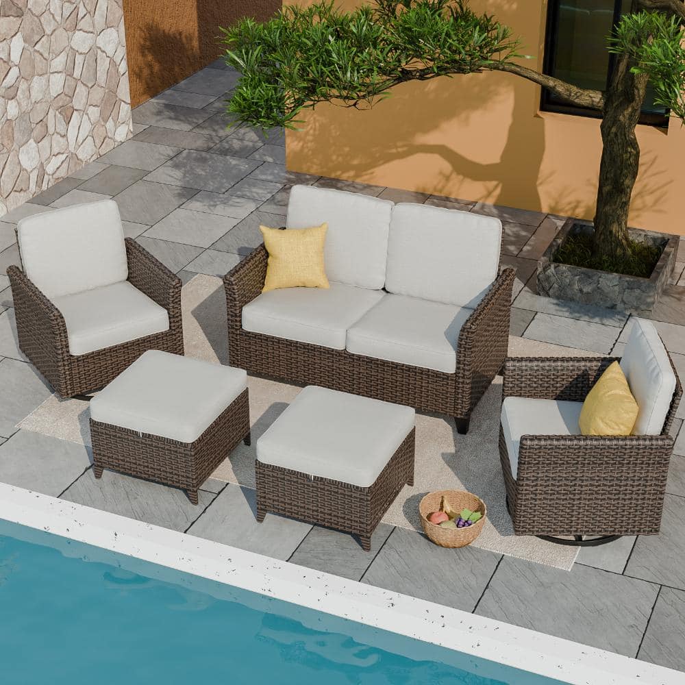 Patio Wicker Conversation Set Furniture Set 5 PCS w/ Ottoman, Swivel Chair & Loveseat All-Weather for Outdoor, Beige price history on PriceWatchPro