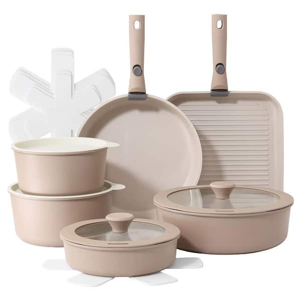 17 Piece Ceramic Nonstick Cookware Set with Removable Handle, Induction Stock Pot in Almond Beige, Set