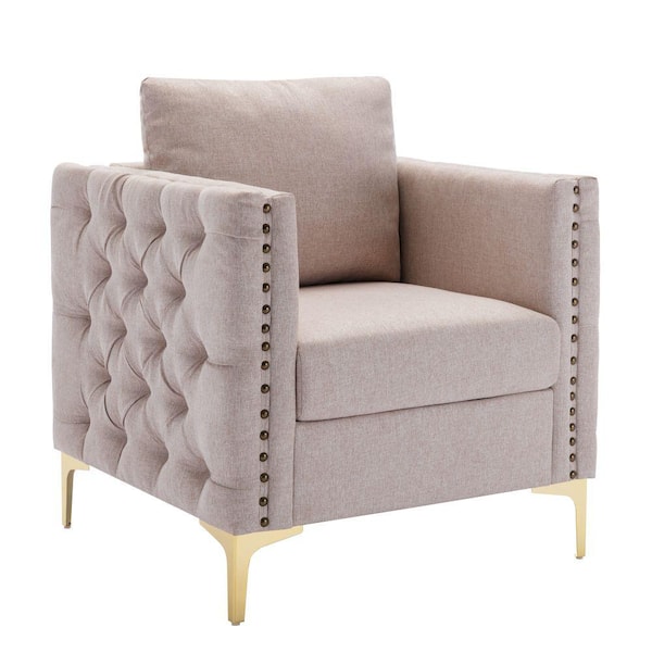 Unbranded Tan Modern Linen Tufted Button Arm Chair with Steel Legs(Set of 1)