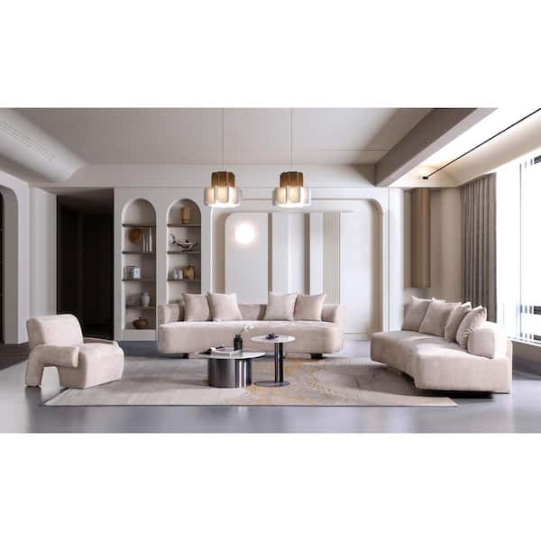 Verandah 3-Piece Mid-Century Modern Beige Chenille Upholstered Sofa and Accent Chair Living Room Set