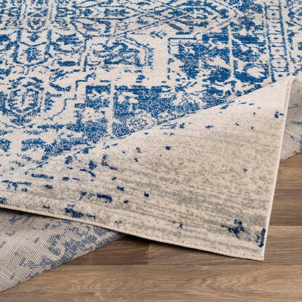 Demeter Blue and Off-White Oval Stain-Resistant Synthetic Rug