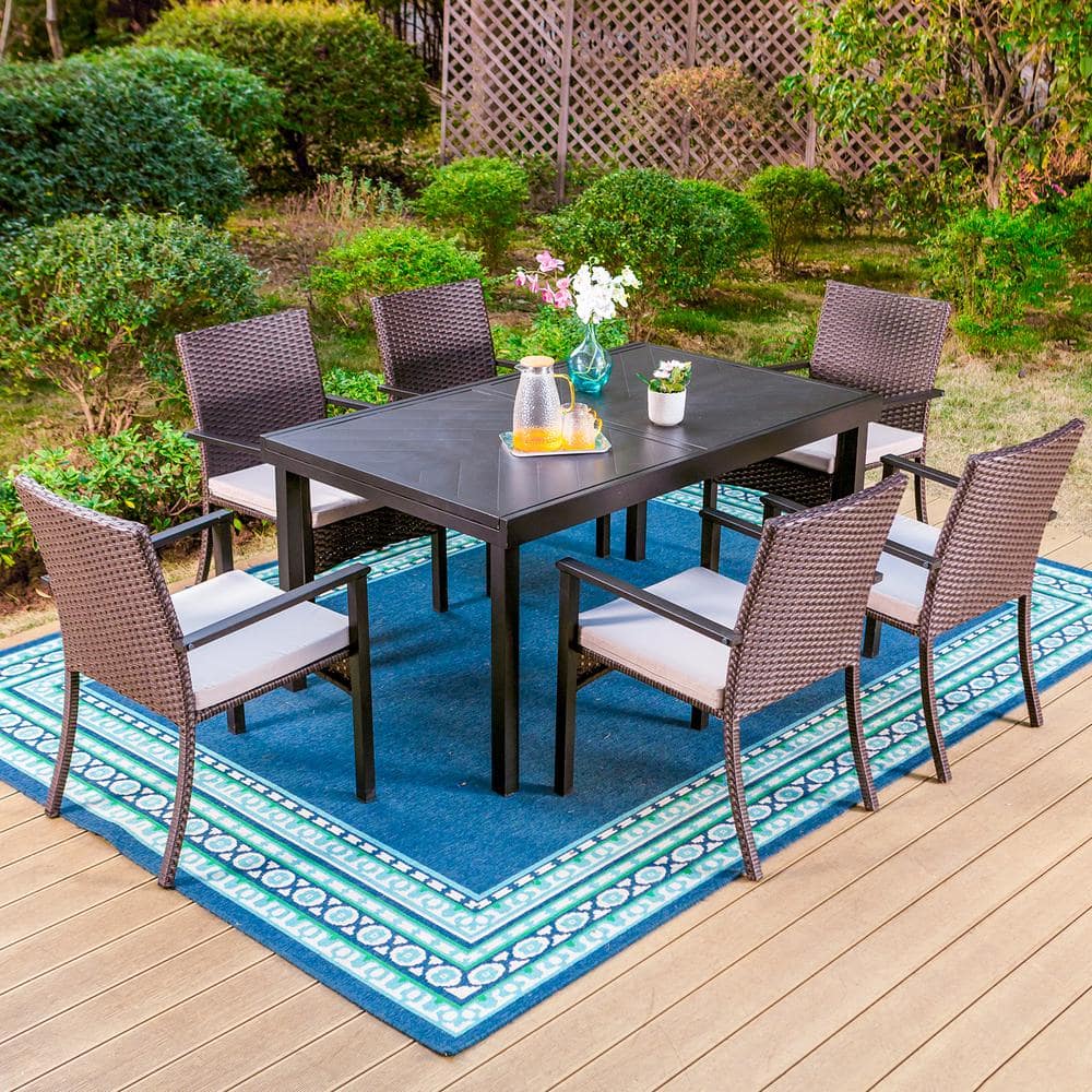 PHI VILLA Black 7-Piece Metal Patio Outdoor Dining Set With Geometric ...