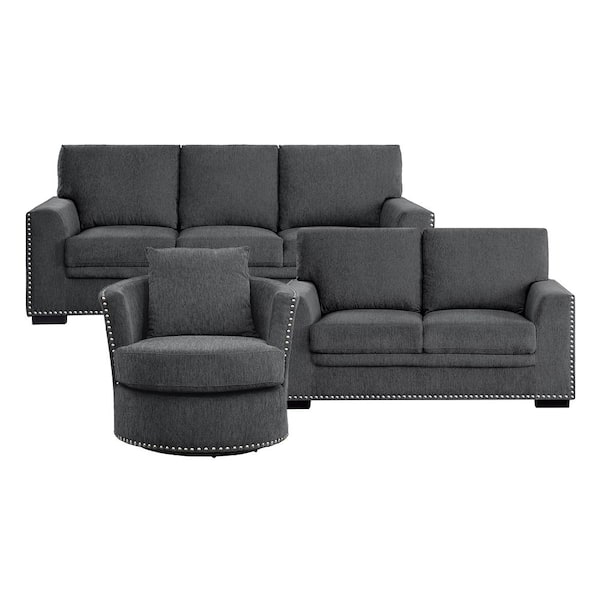 Lazzara Driggs 84 in. W Straight Arm Chenille Rectangle 3-Piece Living Room Sofa Set in Charcoal