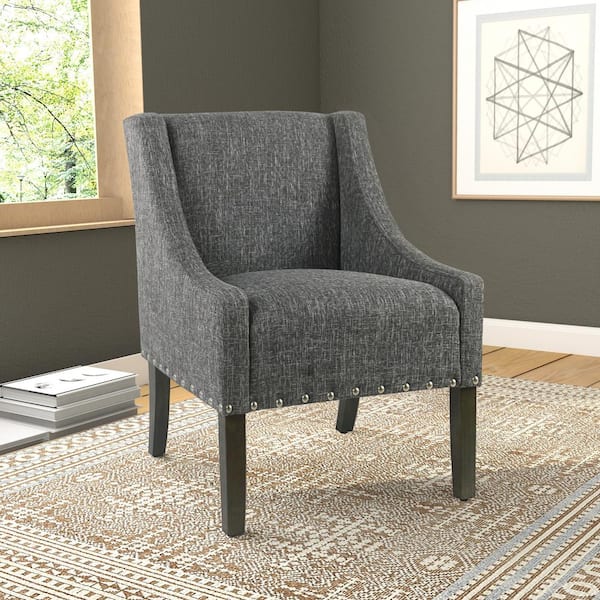 Swoop Slate Grey Heathered Tweed Polyester Accent Chair with Nailhead Trim (Set of 1)