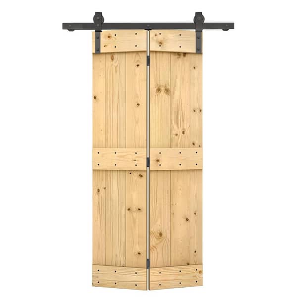 CALHOME 24 in. x 84 in. Mid-Bar Pre Assembled Unfinished Wood Solid Core Bi-Fold Barn Door with Sliding Hardware Kit