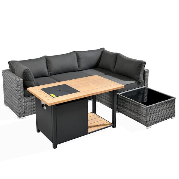 Riley 6-Piece Wicker Patio Rectangular Fire Pit Set with Dark Cushions
