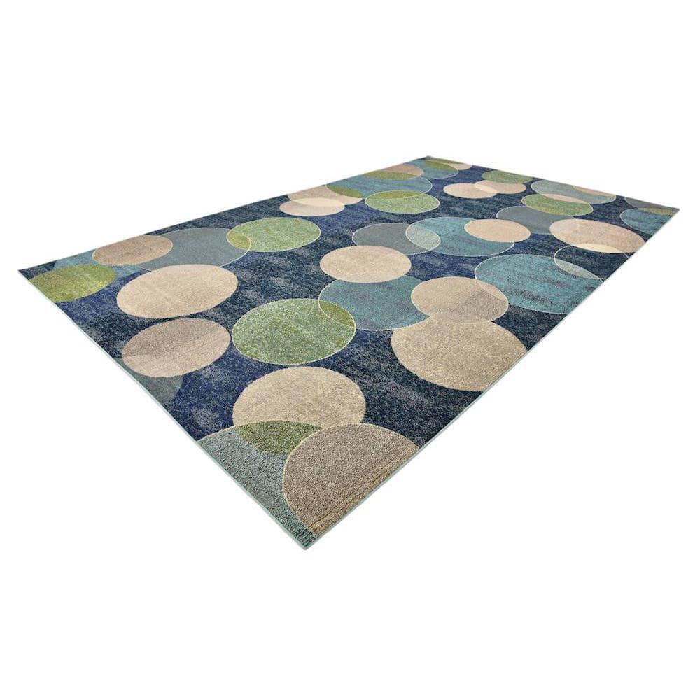 Navy Blue Rectangular Abstract Stain-Resistant Synthetic Rug