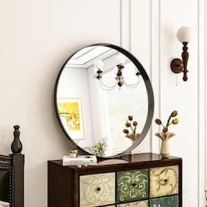 24 in. W x 24 in. H Round Black Metal Deep Framed Wall Bathroom Vanity Mirror