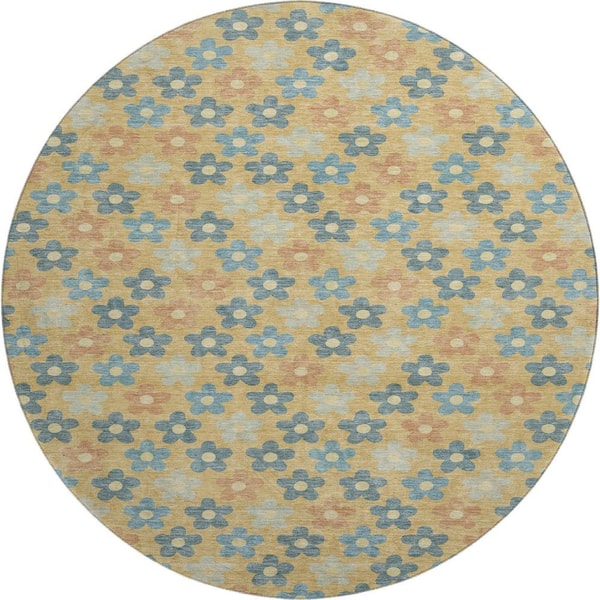 Mayfield Premium Machine Washable Abstract AMF2569 Gold 8 ft. x 8 ft. Round Rug
