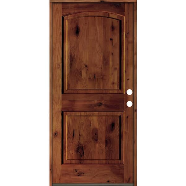 32 in. x 80 in. Rustic Knotty Alder Arch Top Red Chestnut Stain Left-Hand Inswing Wood Single Prehung Front Door