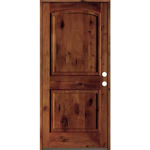 36 in. x 80 in. Rustic Knotty Alder Arch Top Red Chestnut Stain Left-Hand Inswing Wood Single Prehung Front Door