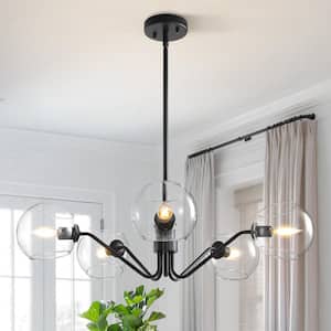 5-Light Black Dimmable Chandelier with Class Shade Height Adjustable Chandelier for Dining Room Farmhouse Living Room