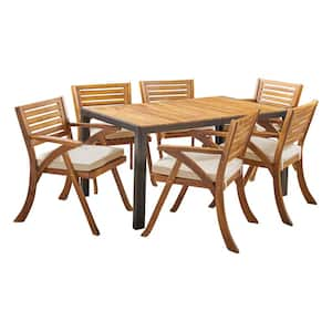 Bellmell Teak Brown 7-Piece Wood Outdoor Dining Set with Cream Cushions