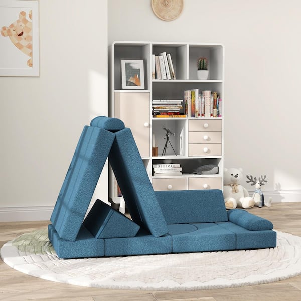 Blue 12-Piece Kids Couch for Playroom Bedroom, Convertible Sofa