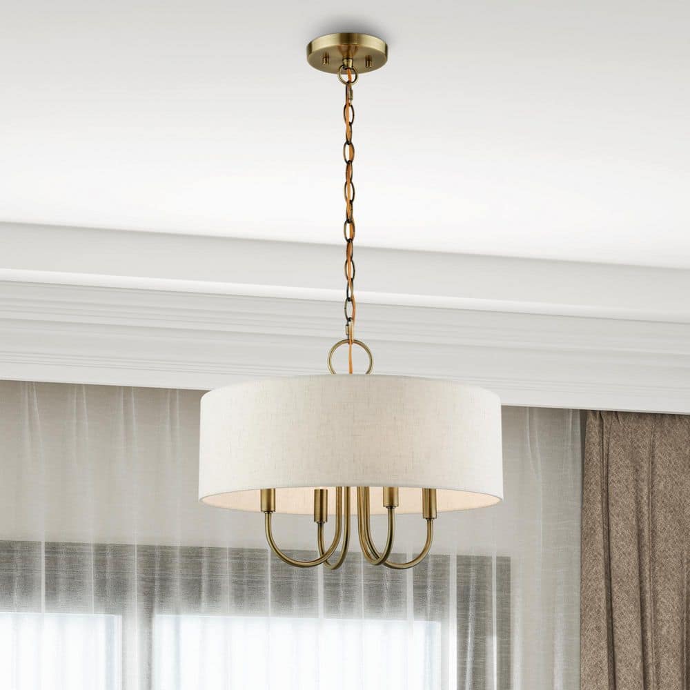 Elegant Antique Brass Drum Pendant Chandelier with Oatmeal Shade