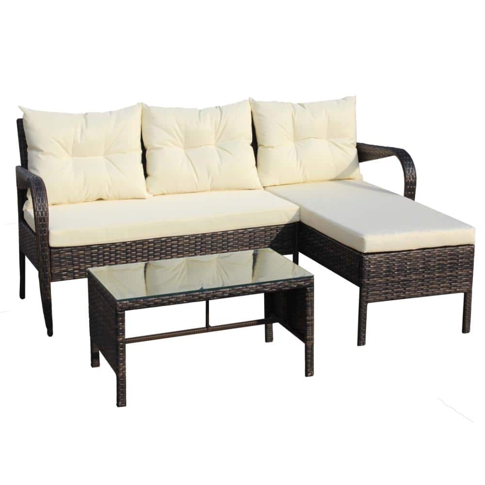 3-Piece Wicker Outdoor Patio Furniture Set with Beige Cushion price history on PriceWatchPro