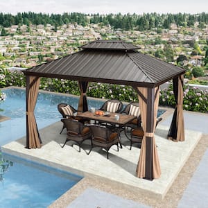 10 ft. x 12 ft. Bronze Aluminum Hardtop Gazebo Canopy for Patio Deck Backyard Heavy-Duty with Netting and Curtains