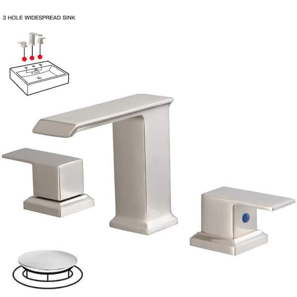 BWE 8 in. Waterfall Widespread 2-Handle Bathroom Faucet With Pop-up Drain Assembly in Spot Resist Brushed Nickel