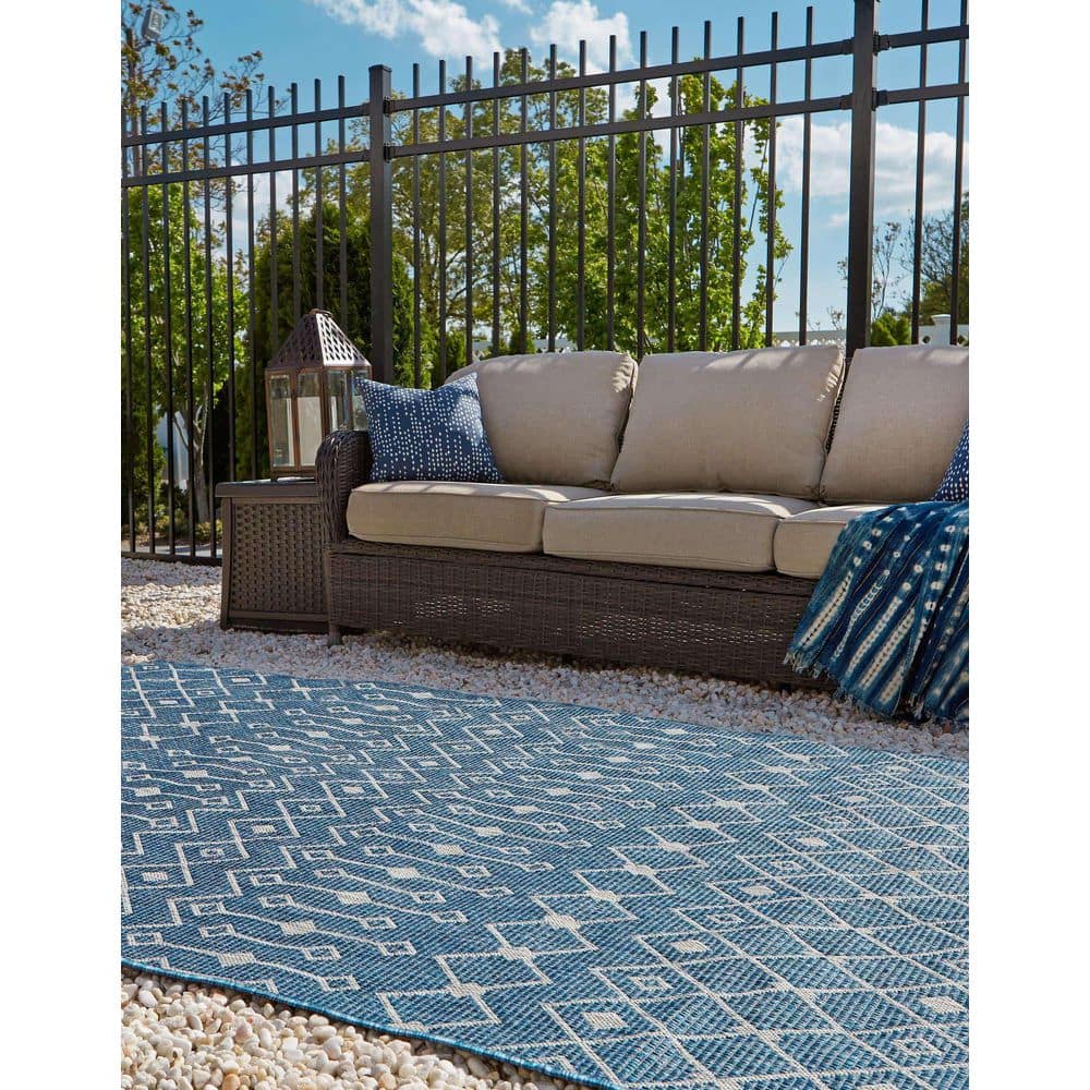 Blue Rectangular Outdoor Trellis Synthetic Area Rug