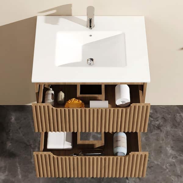 Yunus 24 in. Single Sink Floating Walnut Bath Vanity with White Ceramic Top Unassembled